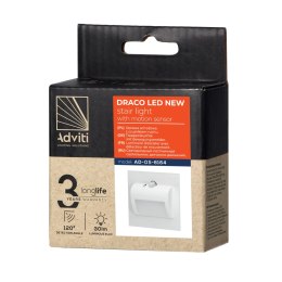 DRACO LED NEW 1,5W, oprawa schodowa podtynkowa, 12VDC, 30lm, 4000K, biała, czujnik ruchu i zmierzchu