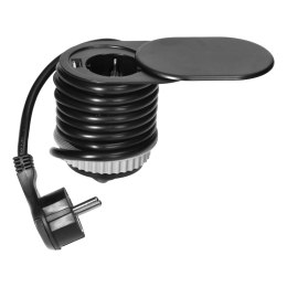 Gniazdo meblowe ?6cm, czarne, wpuszczane w blat z przesuwną pokrywką, ładowarką USB i przewodem 1,9m, 1x2P+Z, 1xUSB (2,4A), 3x1,