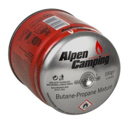 Kartusz gazowy 400ml Alpen Camping. certyfikat: Pi 0437, zgodny z normą EN417, propan-butan, zakres -10°c do+ 40°c, system GAS S
