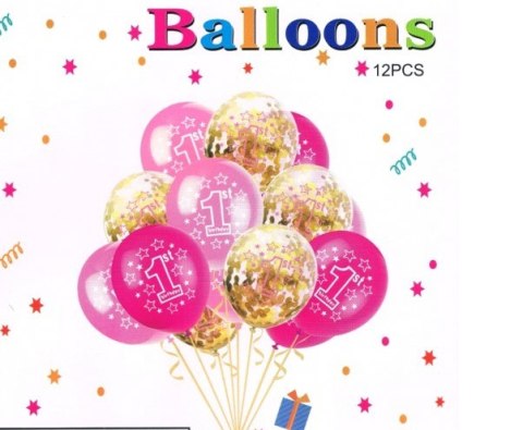 Zestaw balonów z konfetti "Pierwsze urodziny" 30 cm 12 szt. różowy